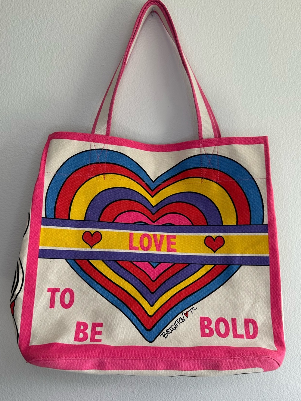 Brighton ❤️ TC, BOHO Pink Canvas Tote with Multicolor Heart 'LOVE' Graphic